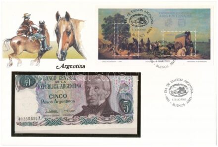 Argentína 1983-1984. 5P felbélyegzett borítékban, bélyegzéssel T:I Argentina 1983-1984. 5 Pesos in envelope with stamp and cancellation C:UNC
