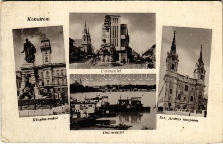 1941 Komárom, Komárno; Klapka szobor, utca részlet, Duna részlet, uszályok, Szent András templom / statue, street view, Danube with barges, church (fa)