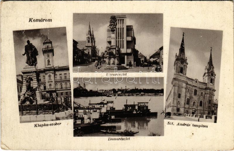 1941 Komárom, Komárno; Klapka szobor, utca részlet, Duna részlet, uszályok, Szent András templom / statue, street view, Danube with barges, church (fa)