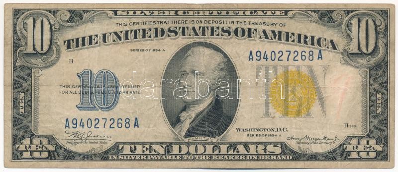 Amerikai Egyesült Államok 1934. 10$ 'A94027268A' T:III tűzőgép nyom, kis firka USA 1934. 10 Dollars 'A94027268A' C:F stapler holes, small doodle Krause P#415Y