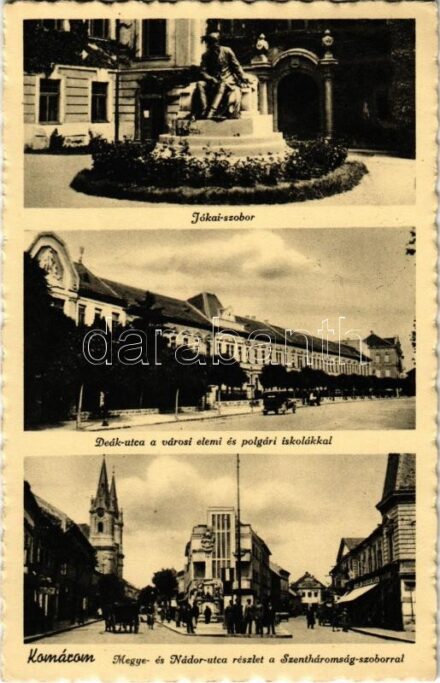 1939 Komárom, Komárno; Jókai szobor, Deák utca a városi elemi és polgári iskolákkal, Megye és Nádor utca részlet a Szentháromság szoborral / statue, street view, schools