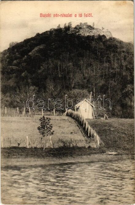 1908 Buják, vár részlet a tó felől. Friedmann S. kiadása (gyűrődés / crease)