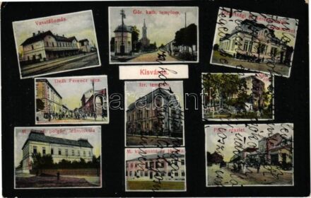 1915 Kisvárda, Vasútállomás, Görögkatolikus templom, Gazdasági és Kereskedelmi Hitelintézet, Deák Ferenc utca, Izraelita templom, zsinagóga, várrom, M. kir. állami polgári leányiskola, M. kir. posta és távirda, Piac részlet,