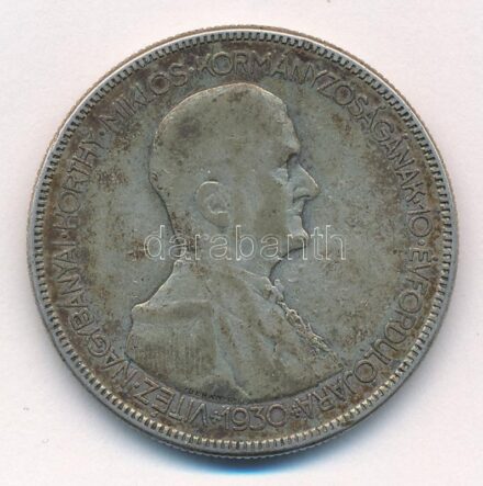 1930. 5P Ag 'Horthy jobbra' T:2-,3 patina Adamo P8