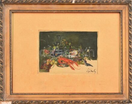 Székely jelzéssel: Csendélet homárral. Vegyes technika, papír. Üvegezett, sérült fa keretben. 12×16,5 cm