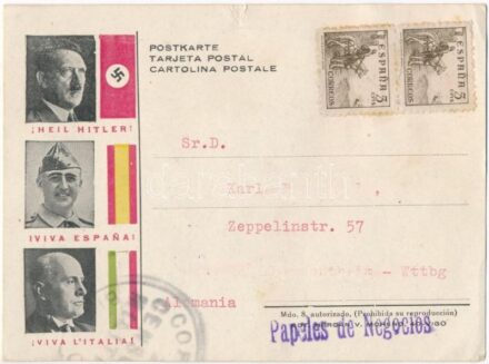 Heil Hitler! Viva Espana! Viva L'Italia! / Második világháborús náci propaganda képeslap: Hitler, Franco és Mussolini / WWII German, Spanish and Italian Nazi propaganda: Hitler, Franco and Mussolini (szakadás / tear)