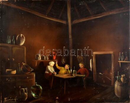 Madarász G. vagy Gy. jelzéssel: Borozgatók. Olaj, karton. Apró sérülésekkel, keret nélkül. 40x50cm