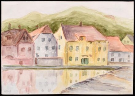 Mártonfi Benke Márta (1958-): Český Krumlov. Akvarell, papír, jelzett. 29,5x42 cm