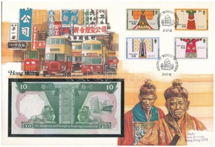 Hongkong 1986. 10$ borítékban, alkalmi bélyeggel és bélyegzésekkel T:I Hong Kong 1986. 10 Dollars in envelope with stamps C:UNC