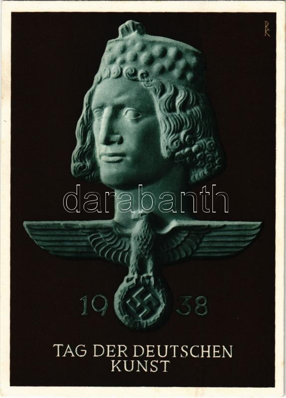 Festpostkarte zum Tag der Deutschen Kunst München 1938 / German Art Exhibition, NSDAP German Nazi Party propaganda, swastika s: R. K. + 'Tag der deutschen Kunst München 10. 7. 1938' So. Stpl.