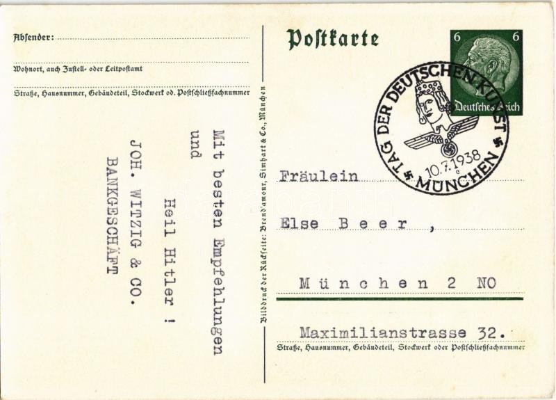 Festpostkarte zum Tag der Deutschen Kunst München 1938 / German Art Exhibition, NSDAP German Nazi Party propaganda, swastika s: R. K. + 'Tag der deutschen Kunst München 10. 7. 1938' So. Stpl. - Image 2