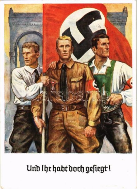 Und Ihr habt doch gesiegt! Offizielle Erinnerungspostkarte zum 9. November 1938 / WWII German Nazi military propaganda + '1938 München Hauptstadt der Bewegung' So. Stpl s: Elk Eber