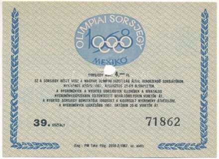 1967. 'Olimpiai Sorsjegy Mexikó 1968' lyukasztással érvénytelenítve T:I-