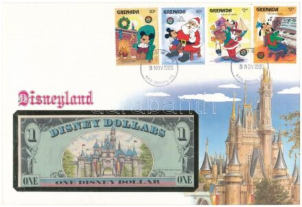Amerikai Egyesült Államok 1987A 1DD bankjegyes borítékban, elsőnapi bélyegzéses bélyeggel T:1 USA 1987A 1 Disney Dollar in banknote envelope with first day of issue stamp C:UNC