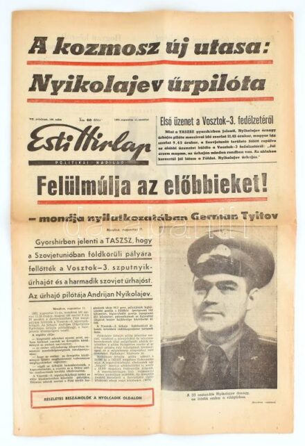 1962 Esti Hírlap 1962. augusztus 11. száma, a címlapon a Vosztok 3 hírével, rajta Nyikolajev őrnagy fotójával, 4 sztl. lev.
