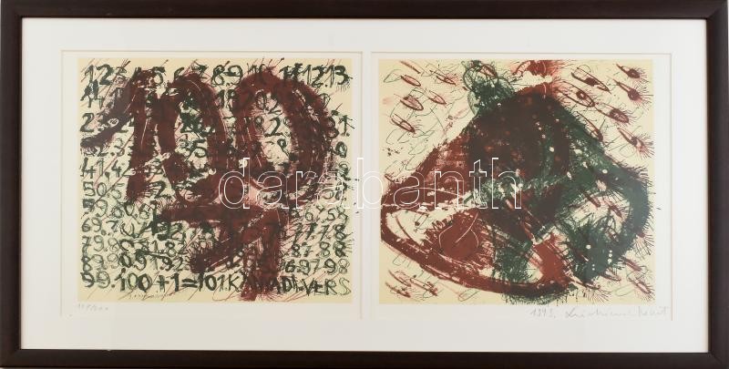 Swierkiewicz Róbert (1942-2019): Cím nélkül, 1993. Litográfia, papír. Jelzett. Számozott: 127/200. 30x30 és 30x30 cm. Kányádi Sándor: Vae Victis c. könyvéből. Üvegezett fa keretben. / Litograph on paper, signed, numbered: 127/200.