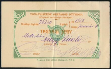 1925 Vonatkisérők országos otthona tagsági jegy.