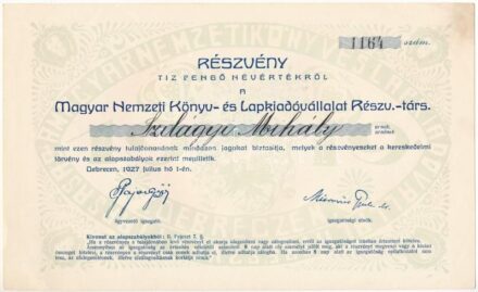 Debrecen 1927. 'Magyar Nemzeti Könyv- és Lapkiadóvállalat Részvénytársaság' 10P értékű névre szóló részvénye, egy darab szelvénnyel T:I-