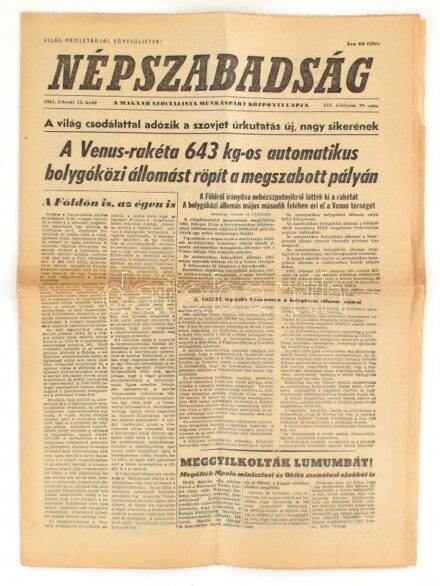 1961 Népszabadság 1961. február 14. száma, a Venus felé tartó Venus rakétával a címlapon, 12 sztl. lev.