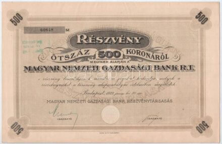Budapest 1922. 'Magyar Nemzeti Gazdasági Bank R.T.' névre szóló részvénye 500K-ról, szelvényekkel, szárazpecséttel T:I-