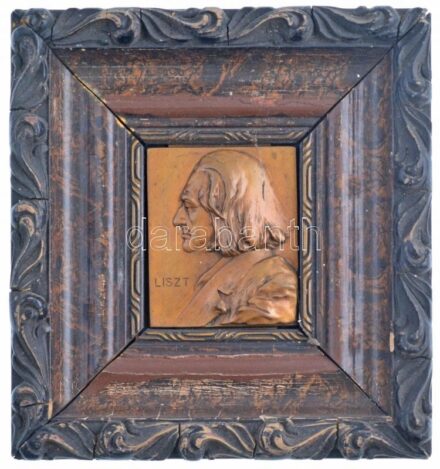 DN 'Liszt' egyoldalas bronz plakett, fa díszkeretben, szingó nélküli F. Stiasny (~62x55mm) T:2