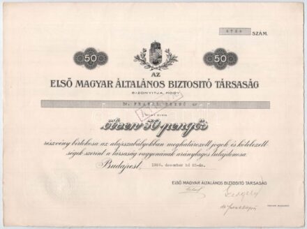 Budapest 1929. 'Első Magyar Általános Biztosító Társaság' névre szóló részvénye 50P-ről, szárazpecséttel, szelvényekkel, bélyegzésekkel, vízjeles papíron T:I-
