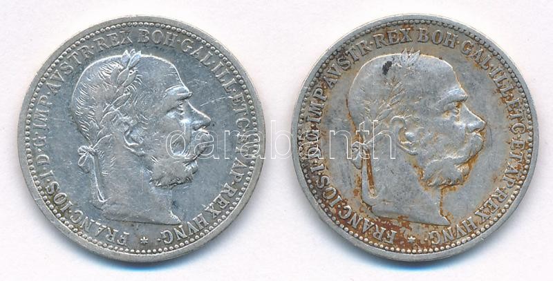 Ausztria 1893-1901. 1K Ag 'Ferenc József' (2xklf) T:2- patina Austria 1893-1901. 1Corona (2xdiff) C:VF patina Krause KM#2804,2820