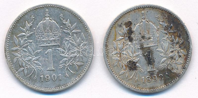 Ausztria 1893-1901. 1K Ag 'Ferenc József' (2xklf) T:2- patina Austria 1893-1901. 1Corona (2xdiff) C:VF patina Krause KM#2804,2820 - Image 2