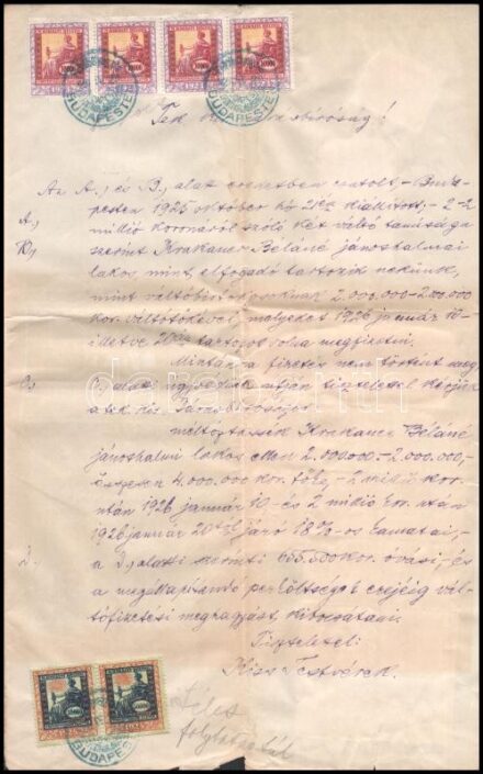 1926 Bírósági beadvány 26 db inflációs törvénykezési illetékbélyeggel