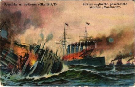 Znicení anglického pancérového krizníku 'Monmouth' / WWI German Navy art postcard, Destruction of the English armored cruiser 'Monmouth' s: C. Schön (kopott sarkak / worn corners)