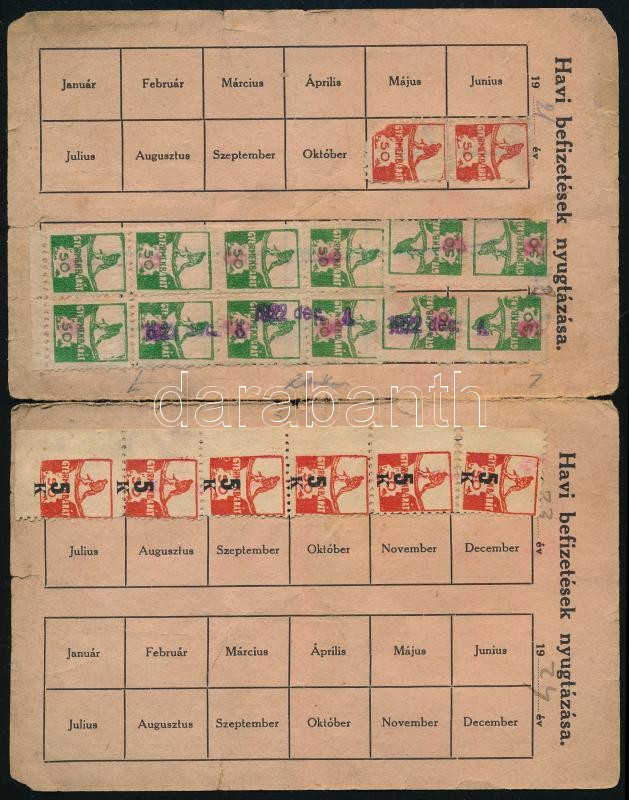 1921 Magyarországi Munkások Gyermekbarát Egyesülete tagsági igazolvány tagsági bélyegekkel. Sérült. - Image 2