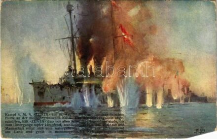 1915 Kampf SMS Zenta am 16. August 1914 mit der französischen Flotte an der montenegrischen Küste. K.u.K. Kriegsmarine. Offizielle Karte für Rotes Kreuz. Kriegsfürsorgeamt Kriegshilfsbüro Nr. 30. / WWI Austro-Hungarian Navy art postcard. The
