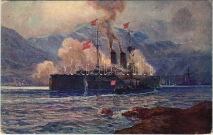 Vernichtung der Lovcen-Batterien durch SMS Radetzky in der Bocche di Cattaro / WWI Austro-Hungarian Navy, K.u.K. Kriegsmarine art postcard, SMS Radetzky pre-dreadnought battleship in the Bay of Kotor (EK)