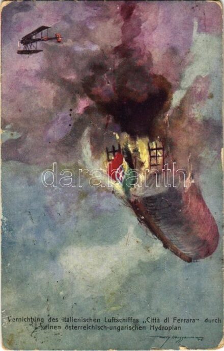 1915 Vernichtung des italienischen Luftschiffes 'Citta di Ferrara' durch einen österreichisch-ungarischen Hydroplan. K.u.K. Kriegsmarine Seeflugzeug / WWI Austro-Hungarian Navy art postcard, destruction of Italian airship 'Citta di Ferrara' by an