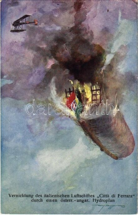 Vernichtung des italienischen Luftschiffes 'Citta di Ferrara' durch einen österreichisch-ungarischen Hydroplan. K.u.K. Kriegsmarine Seeflugzeug / WWI Austro-Hungarian Navy art postcard, destruction of Italian airship 'Citta di Ferrara' by an