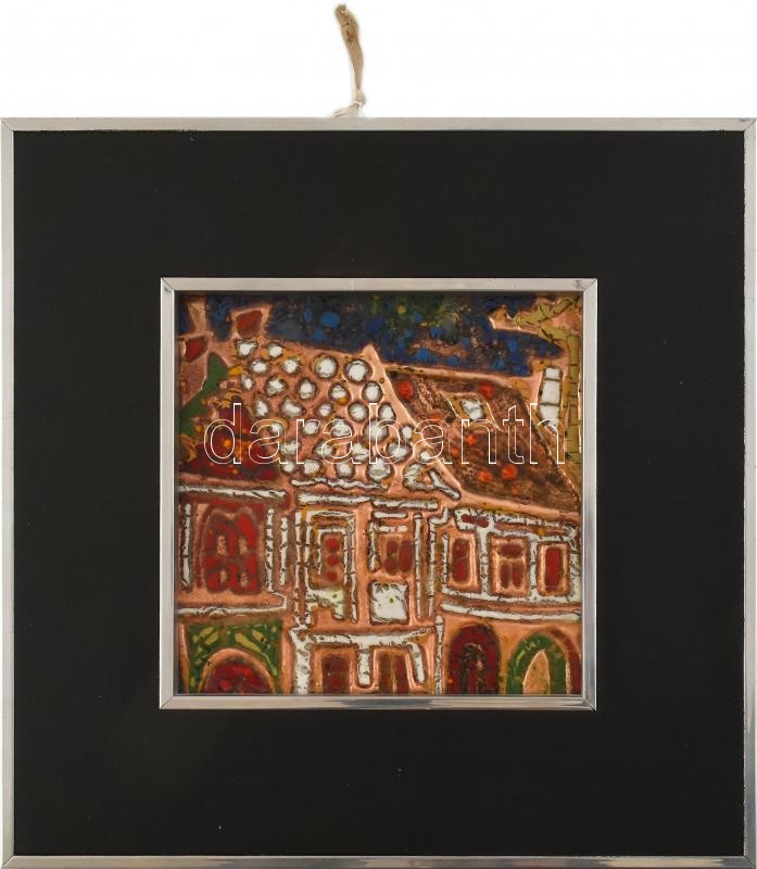 Jelzés nélkül: Házak. Tűzzománc, fakeretben. 15x15cm