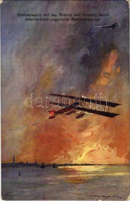 Bombenwürfe auf das Arsenal von Venedig durch österreichisch-ungarische Marineflugzeuge. K.u.K. Kriegsmarine Seeflugzeug / WWI Austro-Hungarian Navy art postcard, Austro-Hungarian Navy seaplanes, naval aircrafts. B.K.W.I. 259-164. s: Harry