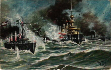 1915 SMS Zenta osztrák-magyar tengeri hajó ütközete a francia tengerészekkel. Osztrák-magyar tengerészek hőstettei! / WWI Austro-Hungarian Navy art postcard, K.u.K. Kriegsmarine, SMS Zenta armored cruiser, naval flag. L&P 1713. s:
