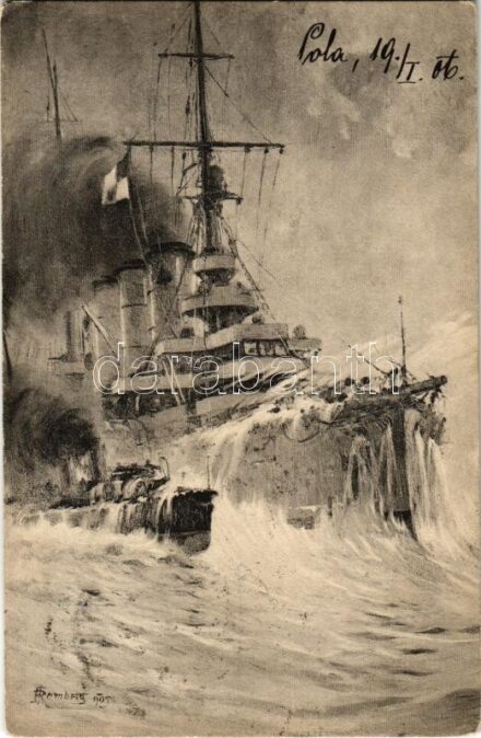 1906 SMS Erzherzog Ferdinand Max az Osztrák-Magyar Haditengerészet Erzherzog-osztályú pre-dreadnought csatahajója / Austro-Hungarian Navy, K.u.K. Kriegsmarine, Erzherzog-class pre-dreadnought battleship. Phot. Alois Beer. Verlag F.W.