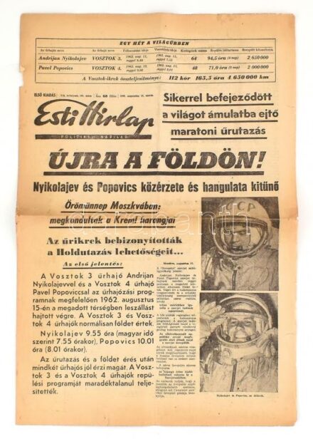 1962 Esti Hírlap 1962. aug. 15. A címlapon: 'Újra a földön! Nyikolajev és Popovics közérzete és hangulata kitűnő.' Vosztok 3 és Vosztok 4 űrhajók visszatérésével, kis szakadásokkal, 3 sztl. lev.