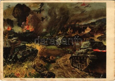 1942 Panzer und Stuka im Angriff / WWII German military art postcard, tank with swastika flag s: V. Mundorff (EK)