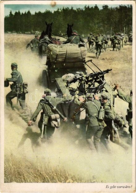 Es geht vorwärts! Verlag Carl Werner. P.K. Aufn. Kriegsberichter Jäger / WWII German military, troops moving forward (EK)
