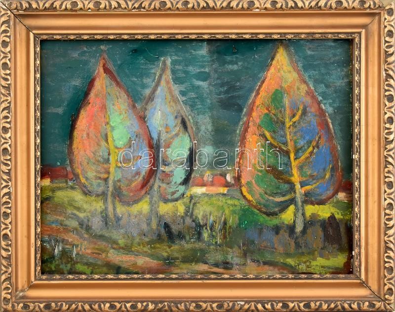 Jelzés nélkül: Színes táj. Olaj, farost. Dekoratív, kissé sérült fakeretben. 26,5x34 cm.
