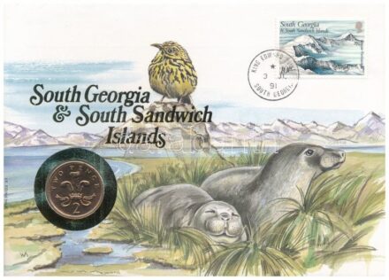 Nagy-Britannia / Déli-Georgia és Déli-Sandwich-szigetek 1990. 2p felbélyegzett borítékban, bélyegzéssel, német nyelvű leírással T:1 Great Britain / South Georgia & South Sandwich Islands 1990. 2 Pence in envelope with stamp and