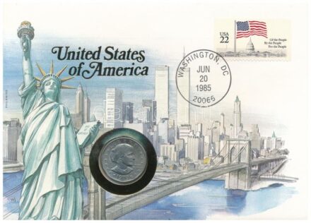 Amerikai Egyesült Államok 1979. 1D Cu-Ni 'Susan B. Anthony' boríték bélyeggel és bélyegzéssel, német nyelvű ismertetővel C:1- USA 1979. 1 Dollar Cu-Ni 'Susan B. Anthony' envelope with stamp and cancellation, with German language