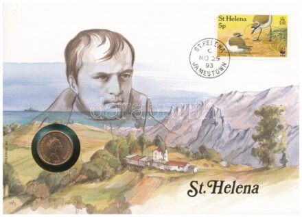 Szent Ilona 1991. 1p felbélyegzett borítékban, bélyegzéssel, német nyelvű leírással T:1 kis patina Saint Helena 1991. 1 Penny in envelope with stamp and cancellation, with German description C:UNC small patina