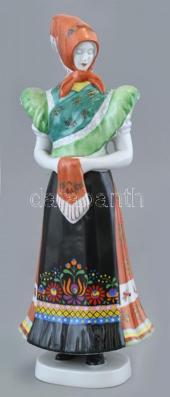 Hollóházi porcelán matyó népviseletes lány, részben kézzel festett, jelzett, hibátlan, m: 29 cm