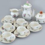 Herendi ETON mintás, 6 személyes mikkos készlet, kézzel festett porcelán, kopásnyomokkal, 2db csésze hajszálrepedt.