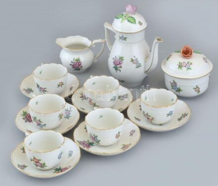Herendi ETON mintás, 6 személyes mikkos készlet, kézzel festett porcelán, kopásnyomokkal, 2db csésze hajszálrepedt.