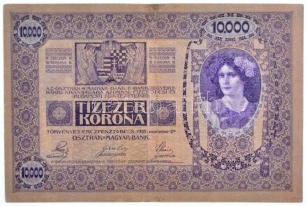 1918. 10.000K felülbélyegzés nélkül T:III restaurált Hungary 1918. 10.000 Korona without overprint C:F restored Adamo K40